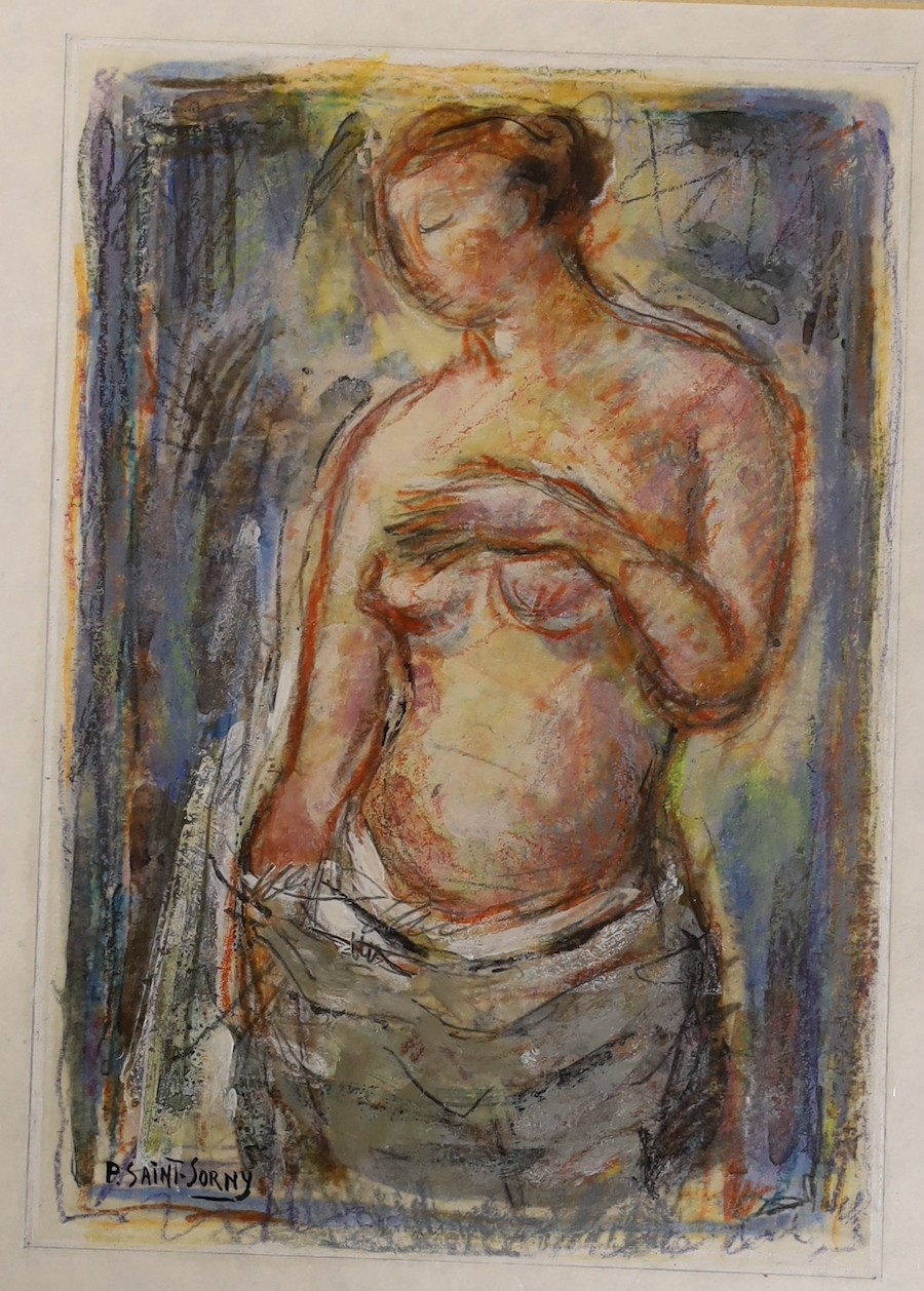 Pierre Saint-Sorny (French 1914-?), mixed media, Standing female nudes, signed, 23 x 16cm